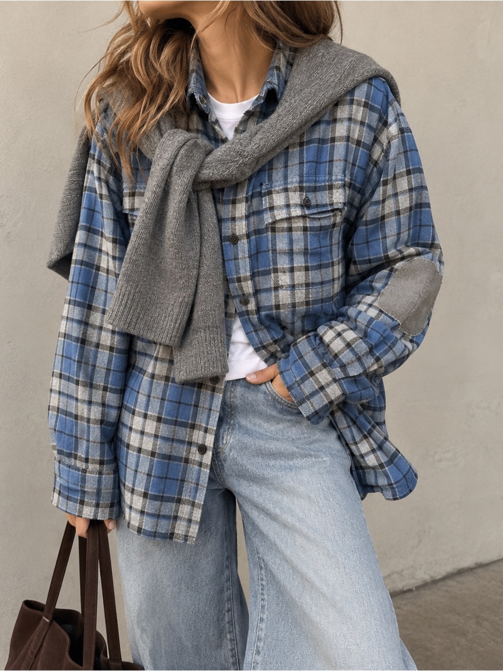 L.L.Bean Blue Plaid Flannel Shirt XL Distressed Patched Elbow Workwear